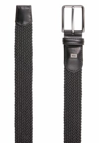 Schwarzer gewebter Gürtel mit Lederakzenten. Der Gürtel verfügt über eine rechteckige Metallschnalle und ein strukturiertes geflochtenes Design.