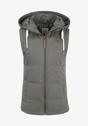 Grey padded vest with a zip front, hood, two side pockets, and brown accents. Made from a soft, smooth material with quilted texture.