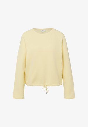 Hellgelbes Sweatshirt mit langen Ärmeln, rundem Ausschnitt und verstellbarem Kordelzug am Saum, auf weißem Hintergrund präsentiert.