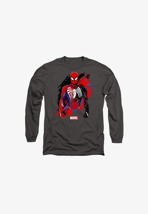 Langärmliges T-Shirt in Dunkelgrau mit einer Grafik von Spider-Man im roten und schwarzen Kostüm vor einem bunten Farbspritz-Hintergrund.
