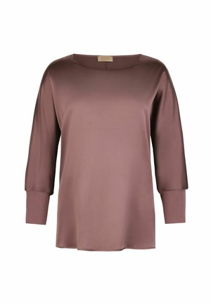 Satynowa bluzka w kolorze mauve z długim rękawem, dekoltem typu łódka i dopasowanymi mankietami, gładka w dotyku, luźny krój, bez wzorów i zdobień.