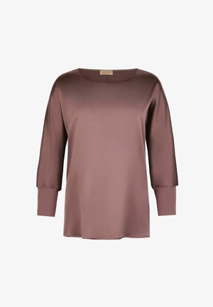 Satynowa bluzka w kolorze mauve z długim rękawem, dekoltem typu łódka i dopasowanymi mankietami, gładka w dotyku, luźny krój, bez wzorów i zdobień.
