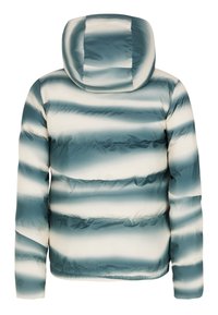 Padded-Jacke mit Kapuze, die horizontale Streifen in Türkis und Creme aufweist, aus einem glänzenden, glatten Material gefertigt. Boxy-Form mit elastischen Bündchen.