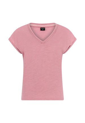 Zachtroze top met korte mouwen en een V-hals met mesh rand, omgeslagen mouwen en een lichtgestructureerde stof.