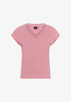 Zachtroze top met korte mouwen en een V-hals met mesh rand, omgeslagen mouwen en een lichtgestructureerde stof.