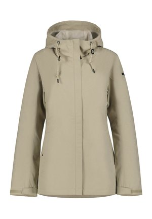 Beige hættejakke i vandtæt materiale med justerbare snore, frontlynlås skjult bag en klap og lange ærmer med remme ved håndleddene.