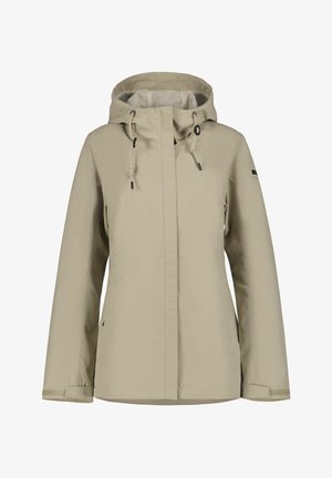 Veste imperméable beige à capuche avec cordons de serrage réglables, fermeture éclair frontale dissimulée sous un rabat, et manches longues avec sangles au poignet.