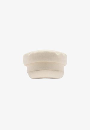 Czapka baker boy z kremowej wełny z płaską koroną i krótkim daszkiem.