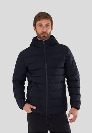 Sort dunjakke med lynlås foran, hætte og to sidelommer. Har et quiltet design og en glat tekstur, egnet til koldt vejr.