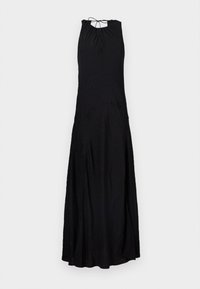 Vestido maxi preto com gola halter, apresentando um laço nas costas, formato fluido e uma superfície texturizada que adiciona detalhes subtis.