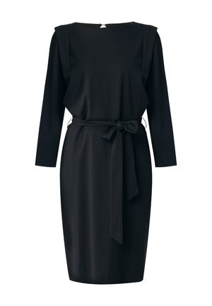 Schwarzes Kleid aus glattem Stoff, mit langen Ärmeln, rundem Halsausschnitt, einem gebundenen Taillengürtel und einem dezenten Rückenverschluss.