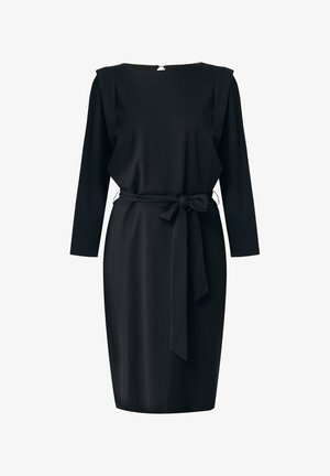 Schwarzes Kleid aus glattem Stoff, mit langen Ärmeln, rundem Halsausschnitt, einem gebundenen Taillengürtel und einem dezenten Rückenverschluss.