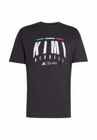 Sort bomulds t-shirt med fed hvid tekst "KIMI" og "ANTONELLI." Fremhævet med grønne og røde striber, rund hals, korte ærmer.