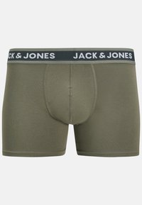 Boxer-briefs pour hommes de couleur vert olive, en tissu doux et extensible, avec une ceinture noire ornée de lettres blanches portant la mention "JACK & JONES."