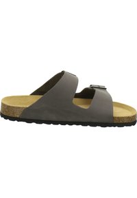 Gray slide sandal with two wide straps, cork footbed, and a textured black rubber sole. Adjustable buckle for a secure fit.