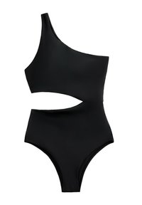 Crni jedan-rameni kupaći kostim u modernom dizajnu s izrezom u struku i visokim donjim dijelom. Izrađen je od glatkog, rastezljivog materijala.