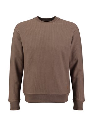 Bruine geribbelde sweatshirt met een ronde hals, lange mouwen en een iets ontspannen pasvorm; heeft een subtiele logopatch aan de onderrand.