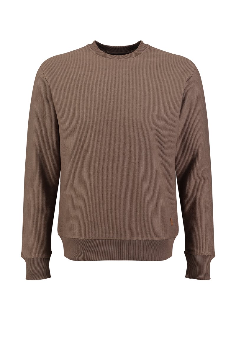 Sudadera marrón de canalé con cuello redondo, mangas largas y un corte ligeramente holgado; presenta un discreto parche con logo en el dobladillo.