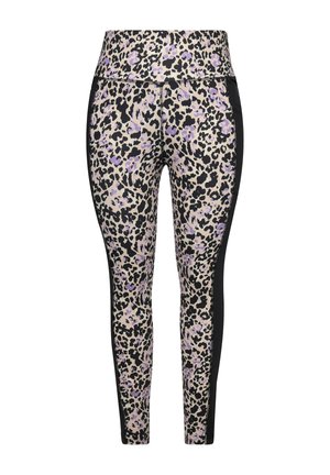 Leopardprint legging in beige, zwart en lavendel; hoge taille met zwarte zijpanelen; slim fit ontwerp; gladde textuur.