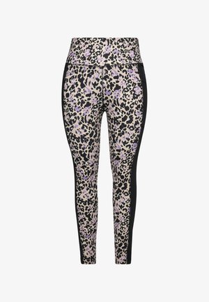 Leopardprint leggings i beige, sort og lavendel; høj talje med sorte sidelapper; tætsiddende design; glat tekstur.