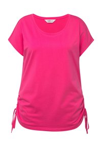 Camiseta de manga corta rosa con escote en forma de corazón. Presenta un corte relajado y cordones ajustables en los laterales para un silueta personalizable.