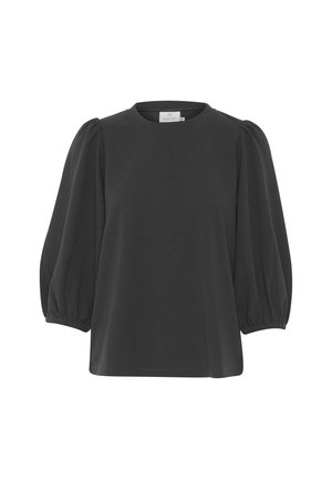 Černý krátký rukáv top vyrobený z měkké látky, s kulatým výstřihem a nabíranými rukávy se staženými manžetami. Jednoduchý a čistý design.