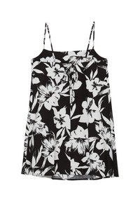 Černé šaty bez rukávů s tenkými ramínky a bílým tropickým květinovým potiskem, se zavazováním v přední části u výstřihu.