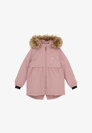Rosa parkajakke med pelsfôr på hetten, glidelåslukking, elastiske mansjetter og sidelommer. Har en plisserte nedre design og logoakkent.