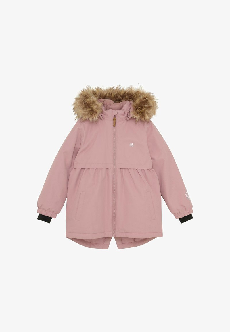 Rosa parkajakke med pelsfôr på hetten, glidelåslukking, elastiske mansjetter og sidelommer. Har en plisserte nedre design og logoakkent.