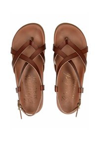 Hnědé kožené sandály s křížovým designem pásků, měkkou stélkou a detailem s přezkou kolem kotníku. Na stélce je vyraženo "Blowfish Malibu".