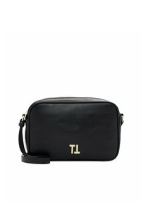 Black leather crossbody bag with a zip closure, rectangular shape, metal hardware, and embossed initials "TL" on the front.