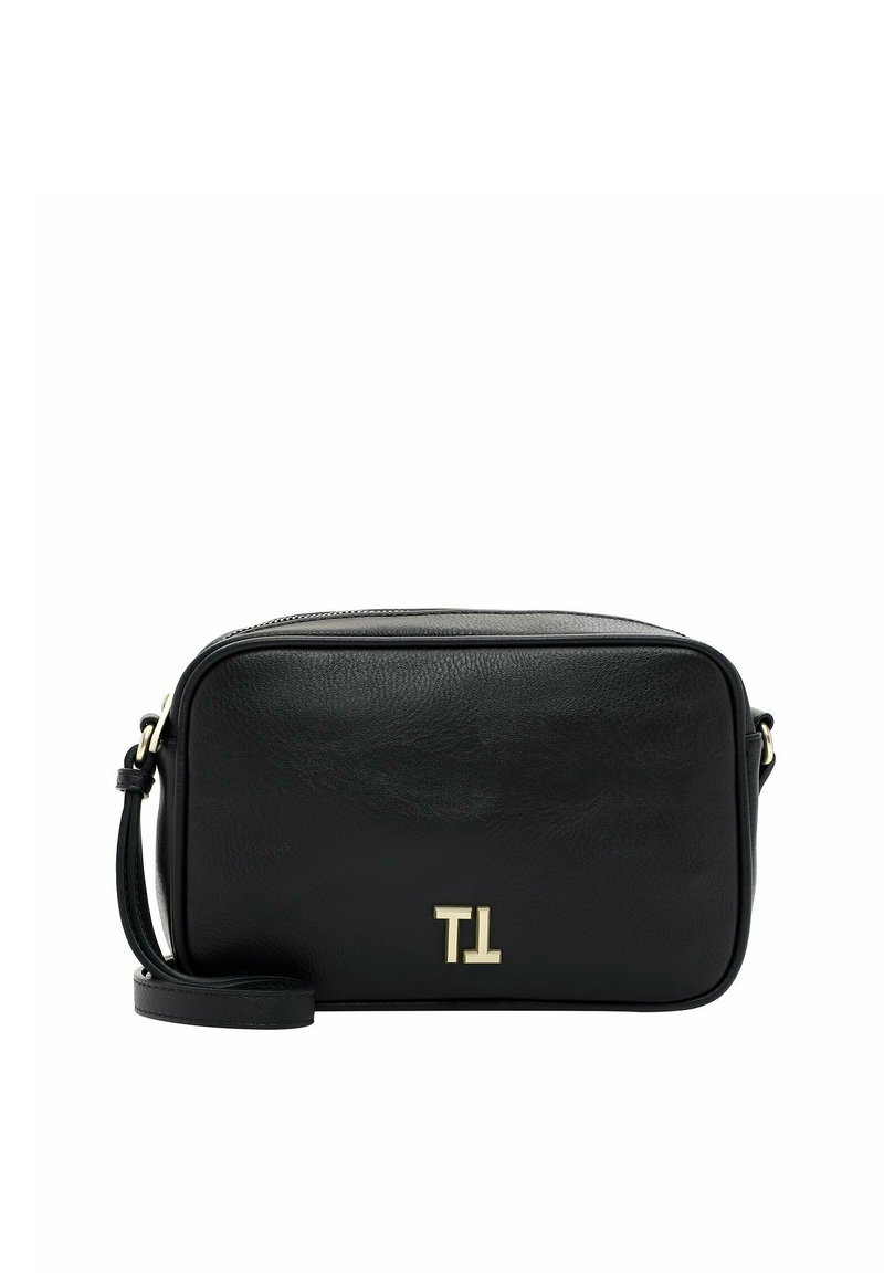 Black leather crossbody bag with a zip closure, rectangular shape, metal hardware, and embossed initials "TL" on the front.