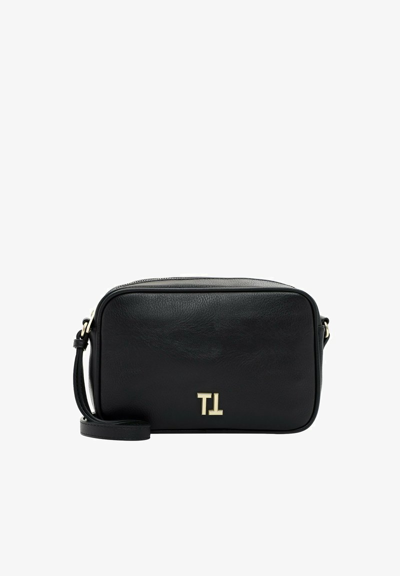 Black leather crossbody bag with a zip closure, rectangular shape, metal hardware, and embossed initials "TL" on the front.