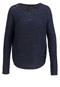 Navy blue long-sleeve sweater with a textured, loose-knit design and a rounded neckline. Soft material with a relaxed fit.