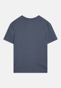 Dark blue cotton t-shirt, rear view, featuring a crew neckline and short sleeves with smooth, even texture and no visible patterns or accents.