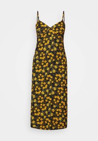 Svart klänning med gult blommönster, spaghettistövlar och en figurnära silhuett. Tillverkad av lättviktigt tyg, med medellång design.