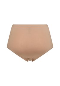 Beige højtaljede trusser lavet af glat stof, med et enkelt design uden mønstre og bløde elastiske kanter for komfort.