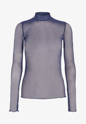 Langermige top van transparant paarse stof met een hoge hals, met een strakke pasvorm en subtiele textuur. De randen hebben een rauwe afwerking.