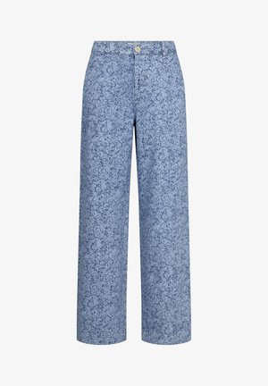 Blue floral-patterned wide-leg pants made of lightweight fabric, featuring a front button closure and a smooth texture.