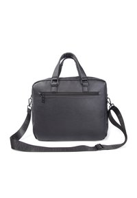 Malette en cuir synthétique noir avec poignées doubles, une bandoulière ajustable, une poche zippée à l'avant et une texture lisse ; forme rectangulaire avec un design minimaliste.