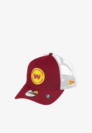 Red and white baseball cap featuring a round yellow logo with "W" and "Washington Football Team." Mesh back, adjustable strap, cotton blend.