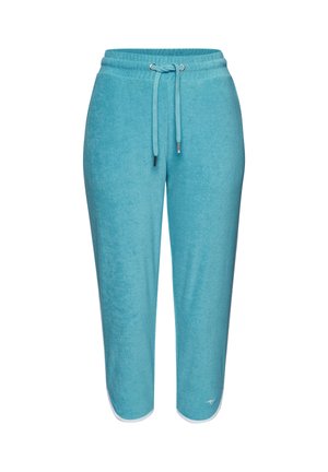 Light blue soft fabric sweatpants with an elastic waistband, adjustable drawstring, and white trim at the ankle cuffs.