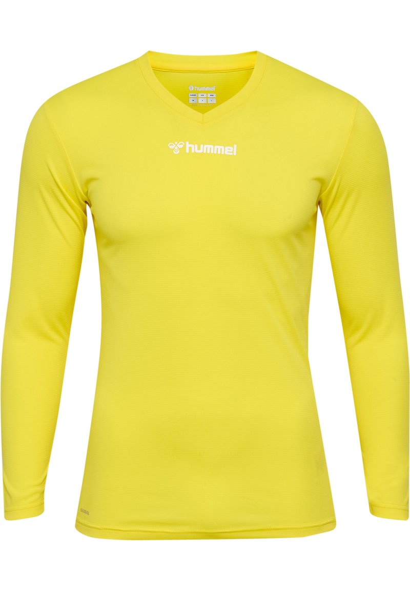 Langärmliges gelbes Sportshirt aus leichtem Material mit V-Ausschnitt und einem weißen Logo auf der Brust. Glatte Textur.