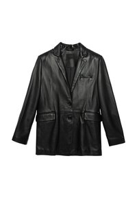 Blazer in pelle nera con vestibilità slim, rever a punta, due tasche anteriori, chiusura a un bottone e texture liscia. Design minimalista.