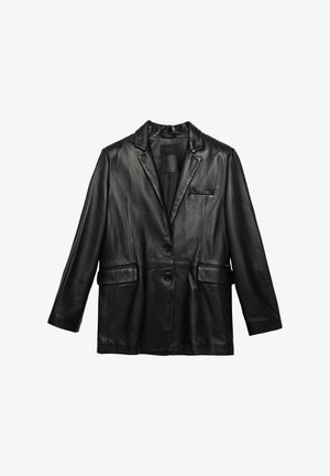 Zwartleren blazer met een slim fit, notch revers, twee voorzakken, sluiting met één knop en een gladde textuur. Minimalistisch ontwerp.