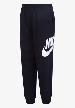Pantaloni della tuta neri realizzati in materiale morbido, con vita elastica, orli cuffi e un grande logo Nike bianco di lato.