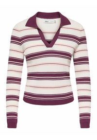 Pull en tricot côtelé à manches longues avec rayures horizontales violettes et roses, col en V profond, et col et poignets unis violets.