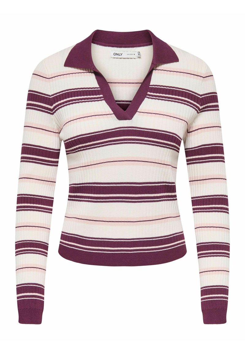 Pull en tricot côtelé à manches longues avec rayures horizontales violettes et roses, col en V profond, et col et poignets unis violets.