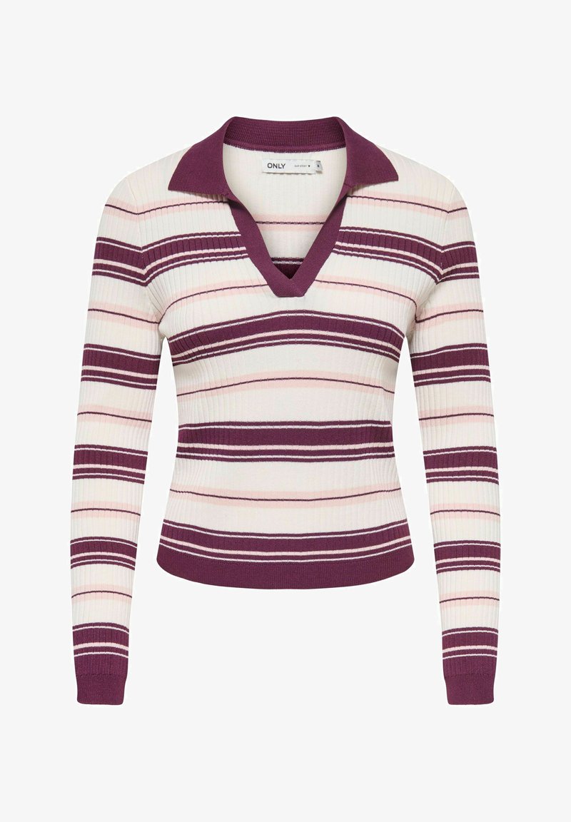 Pull en tricot côtelé à manches longues avec rayures horizontales violettes et roses, col en V profond, et col et poignets unis violets.