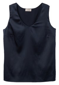 Haut sans manches en satin bleu marine avec un col en V, doté d'une texture lisse et de deux poches latérales, conçu pour une coupe décontractée.
